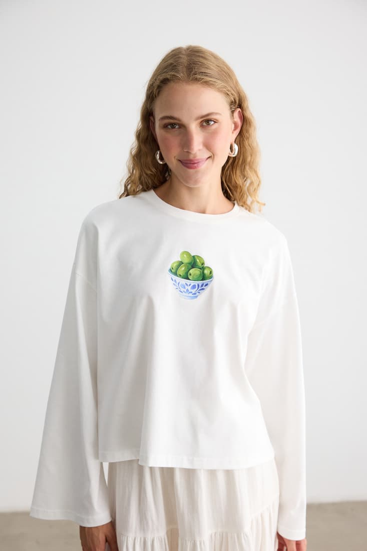 ZEYTİN BASKILI UZUN KOLLU T-SHIRT