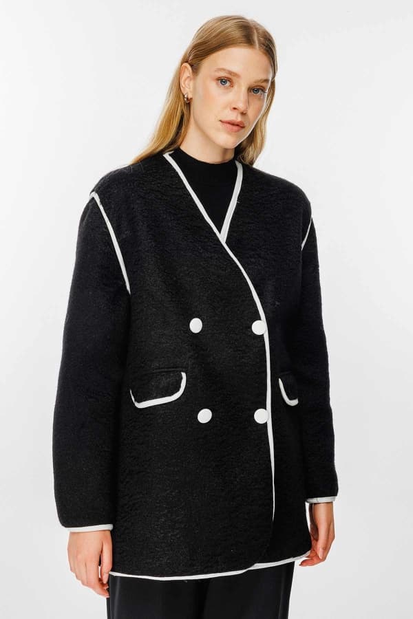 Kontrast Biye Detaylı Kaşe Siyah Blazer Ceket