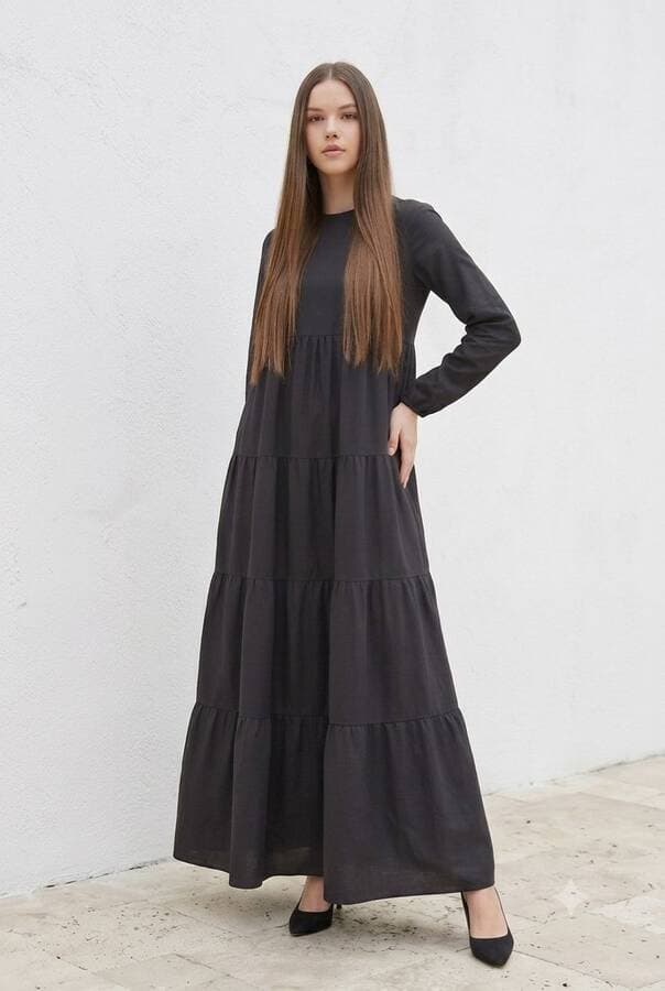 6400-Denim Parça Boya Elbise Siyah