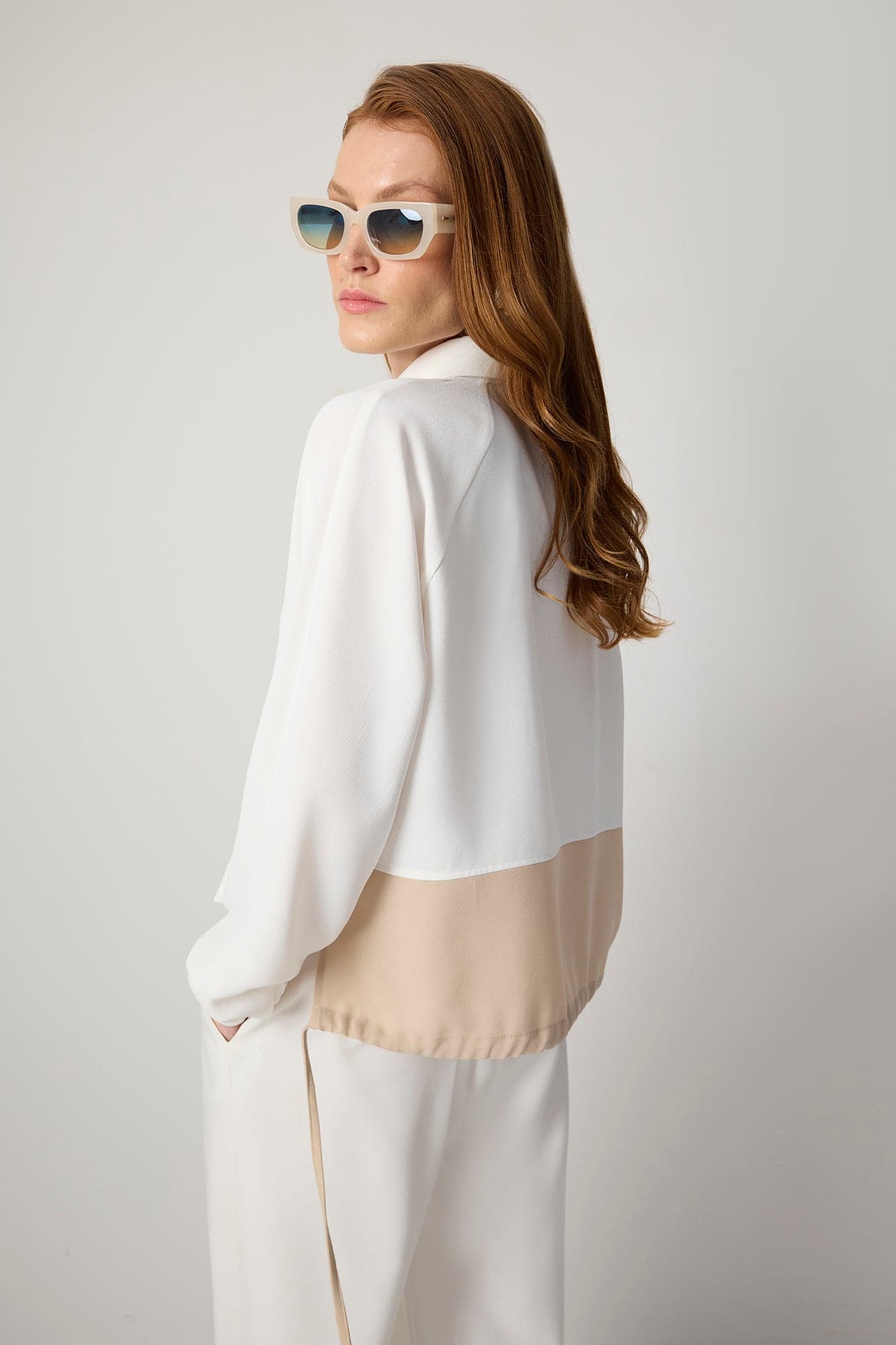 COLOR BLOCK CREPE SHIRT