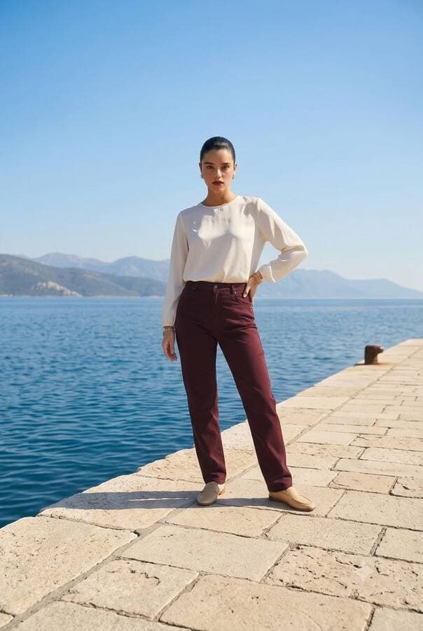 1146-Denim Yüksek Belli Dar Paça Pantolon Bordo