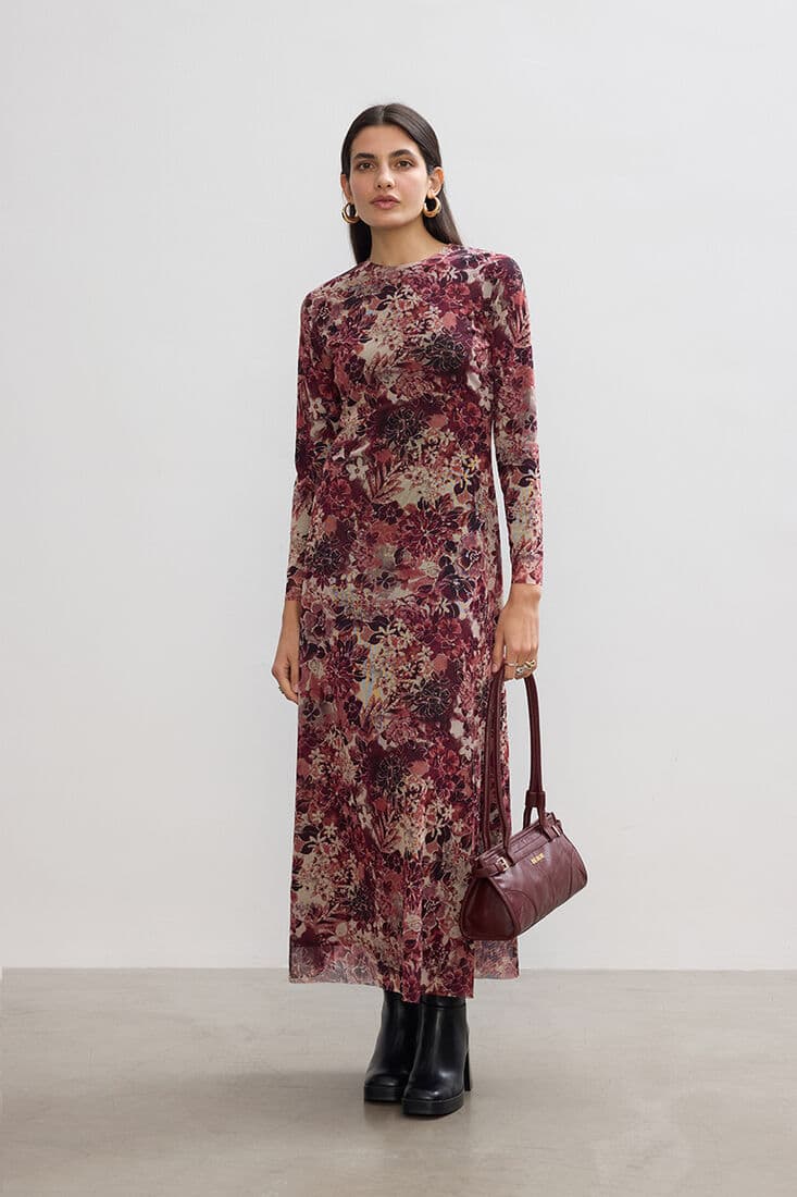 BORDO FLORAL TÜL ELBİSE