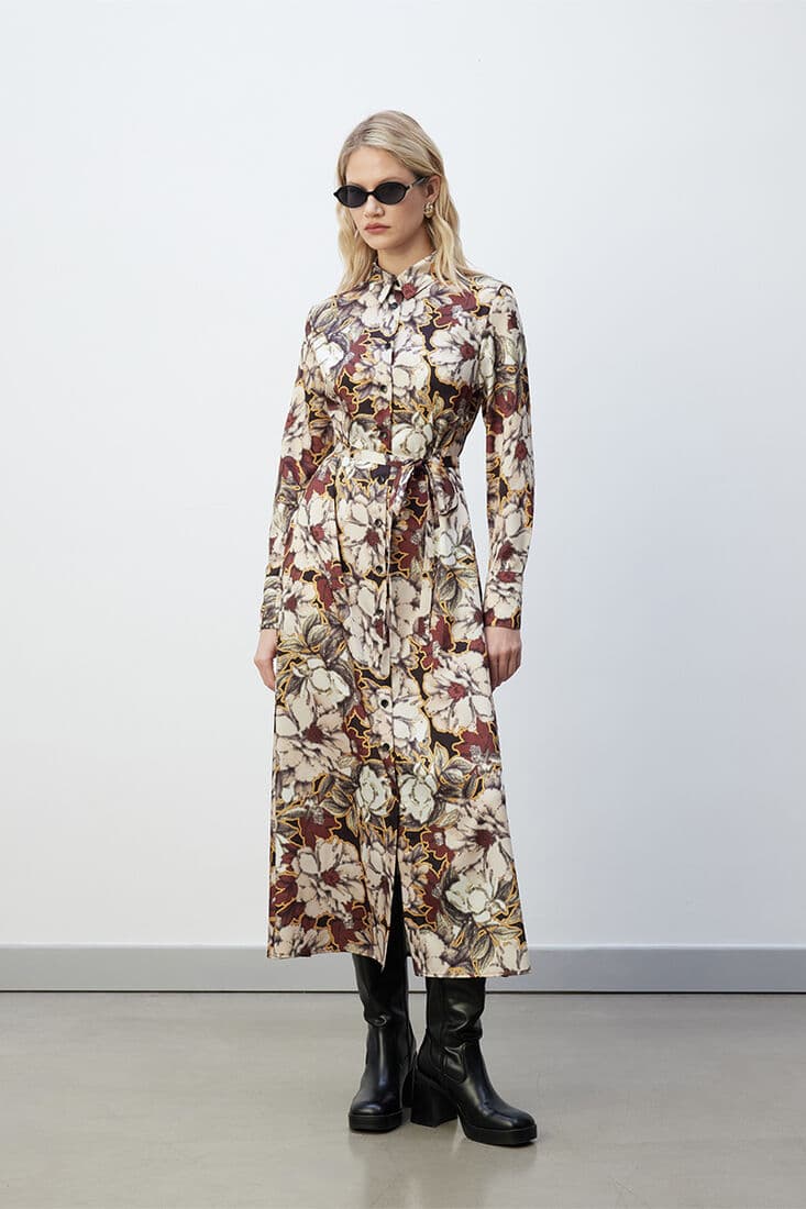 RETRO FLORAL DESENLİ GÖMLEK ELBİSE