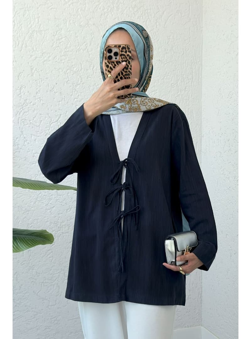 Üç Bağcıklı Keten Kimono Lacivert