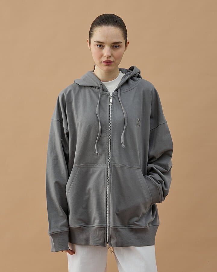 Cotton İki İplik Fermuarlı Kapüşonlu Sweatshirt Gri