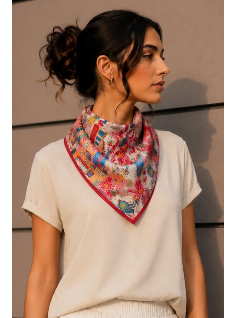 Masal Desen Kırmızı Pudra Soft Bandana Fular 50x50 cm