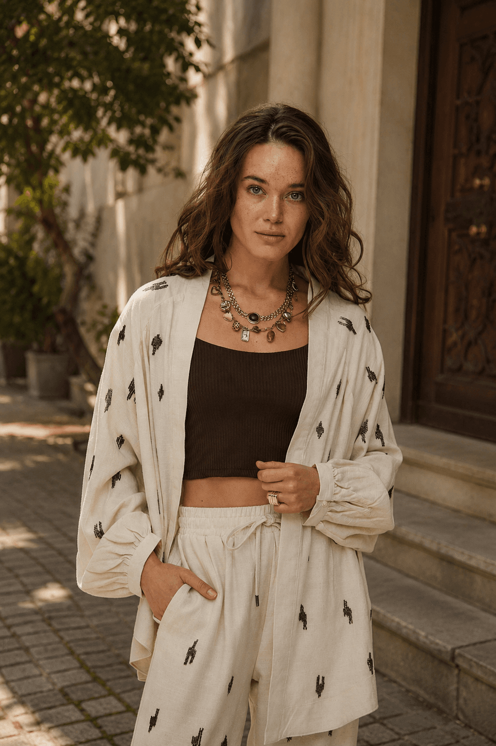 Etnik Modern Boncuk İşlemeli Natur Oversize Kimono-RS34595