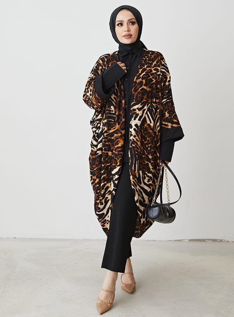 Leopar Desenli Kimono Kahverengi