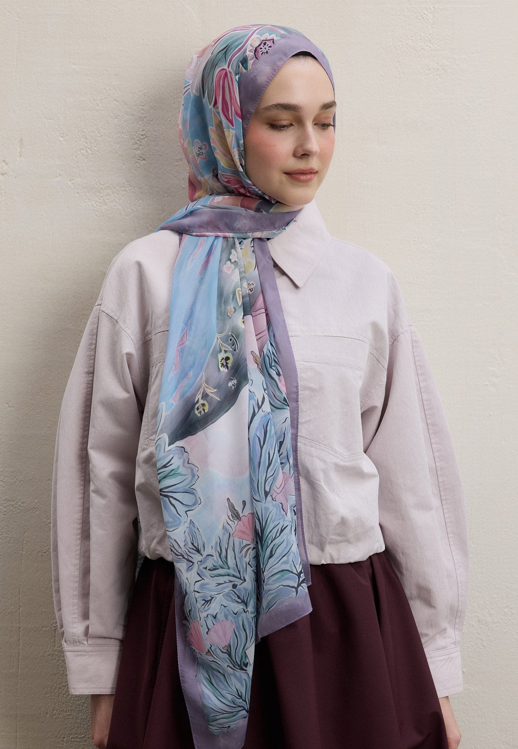 Flower Dreams Desen İpek Krep Şal Soft Pembe