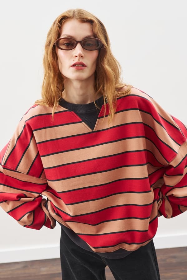 OVERSIZE ÇİZGİLİ SWEATSHIRT KIRMIZI
