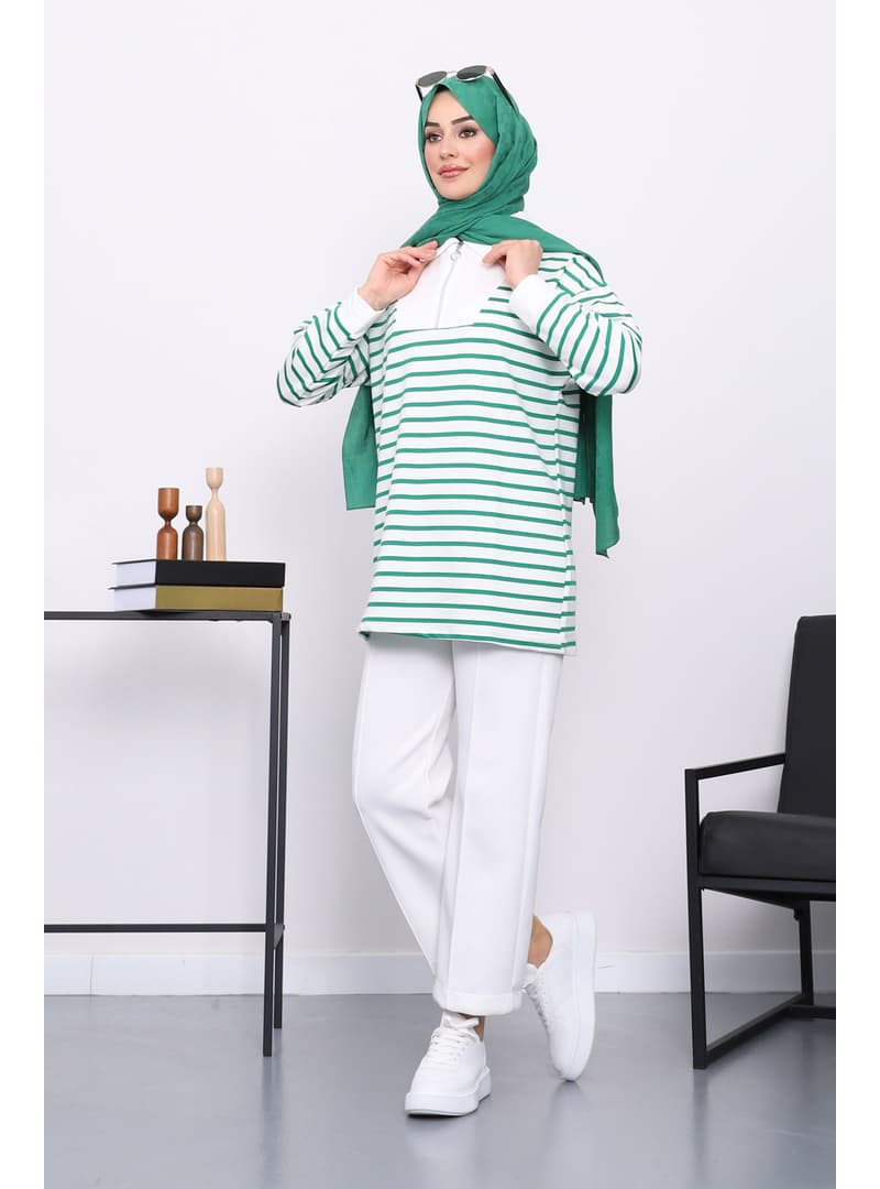 Yeşil Çizgili Fermuarlı İki İplik Sweatshirt