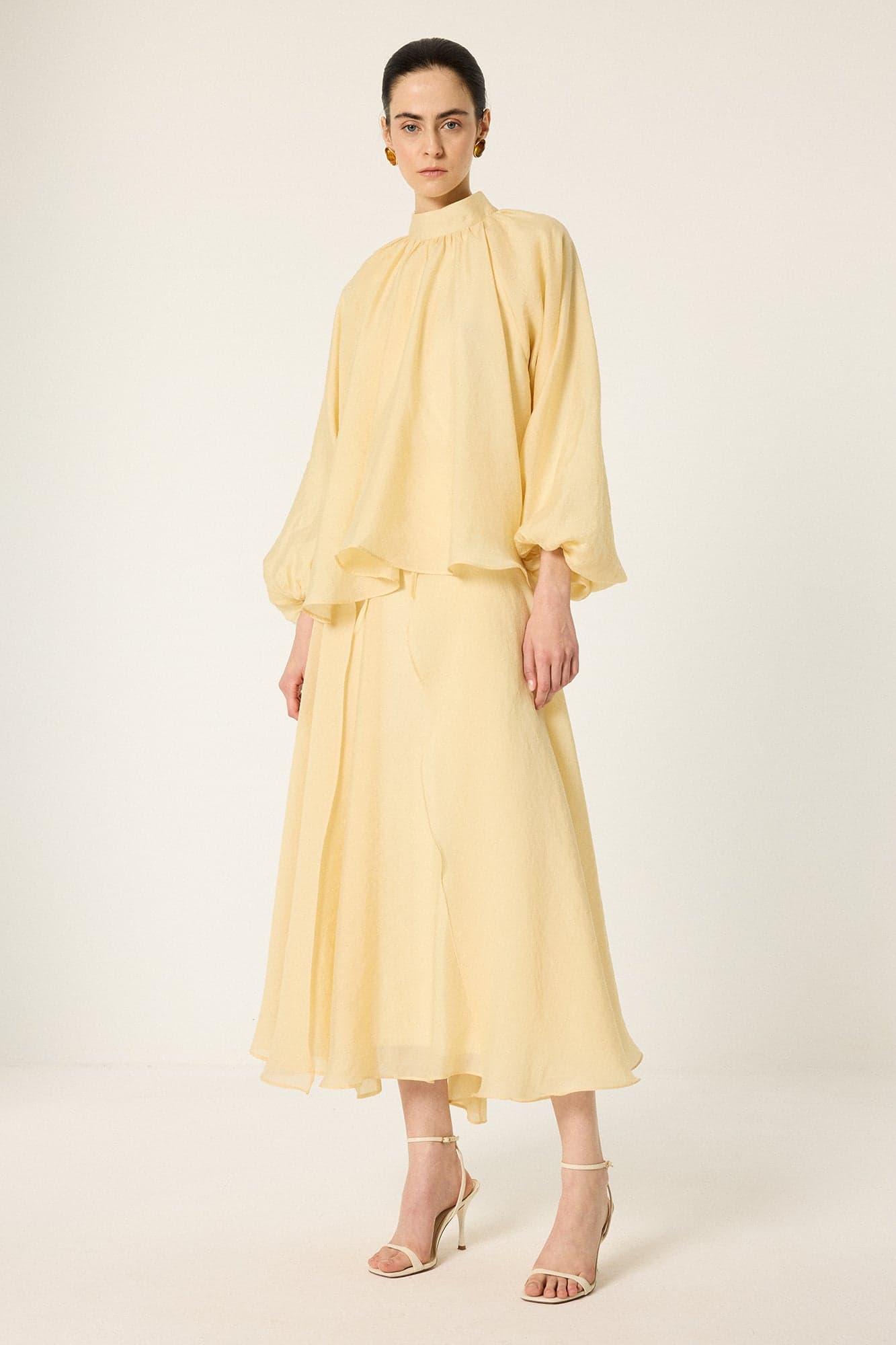 Balloon sleeve ruffled tunic and skirt set