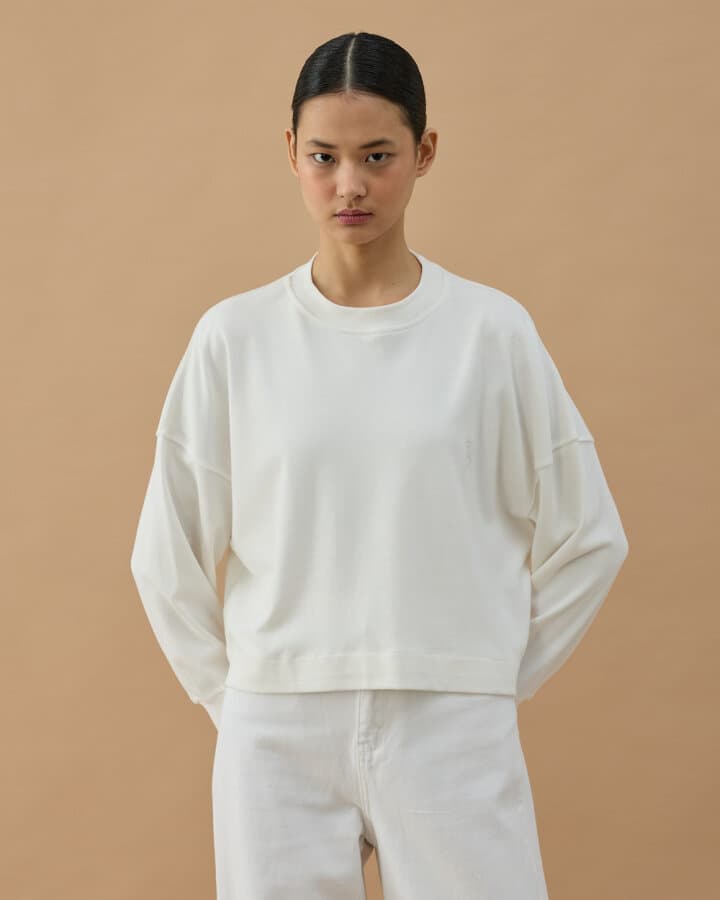 Penye İnterlok Crop Kısa Bluz Ekru