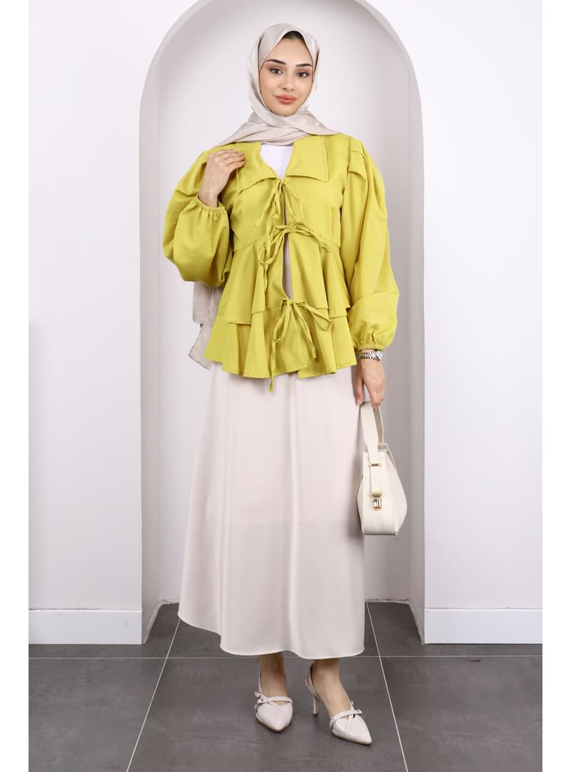 Yağ Yeşili Ön Bağlamalı Kimono
