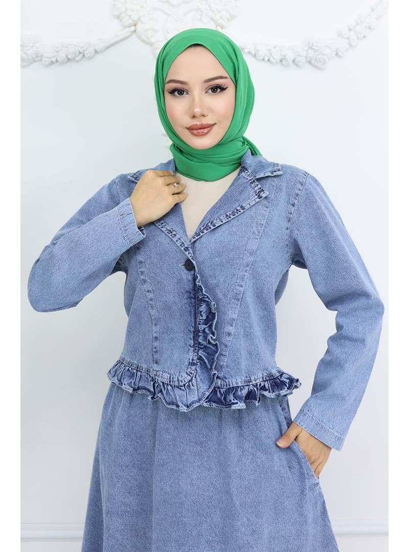 Fırfır Detaylı Kot Takım Mavi