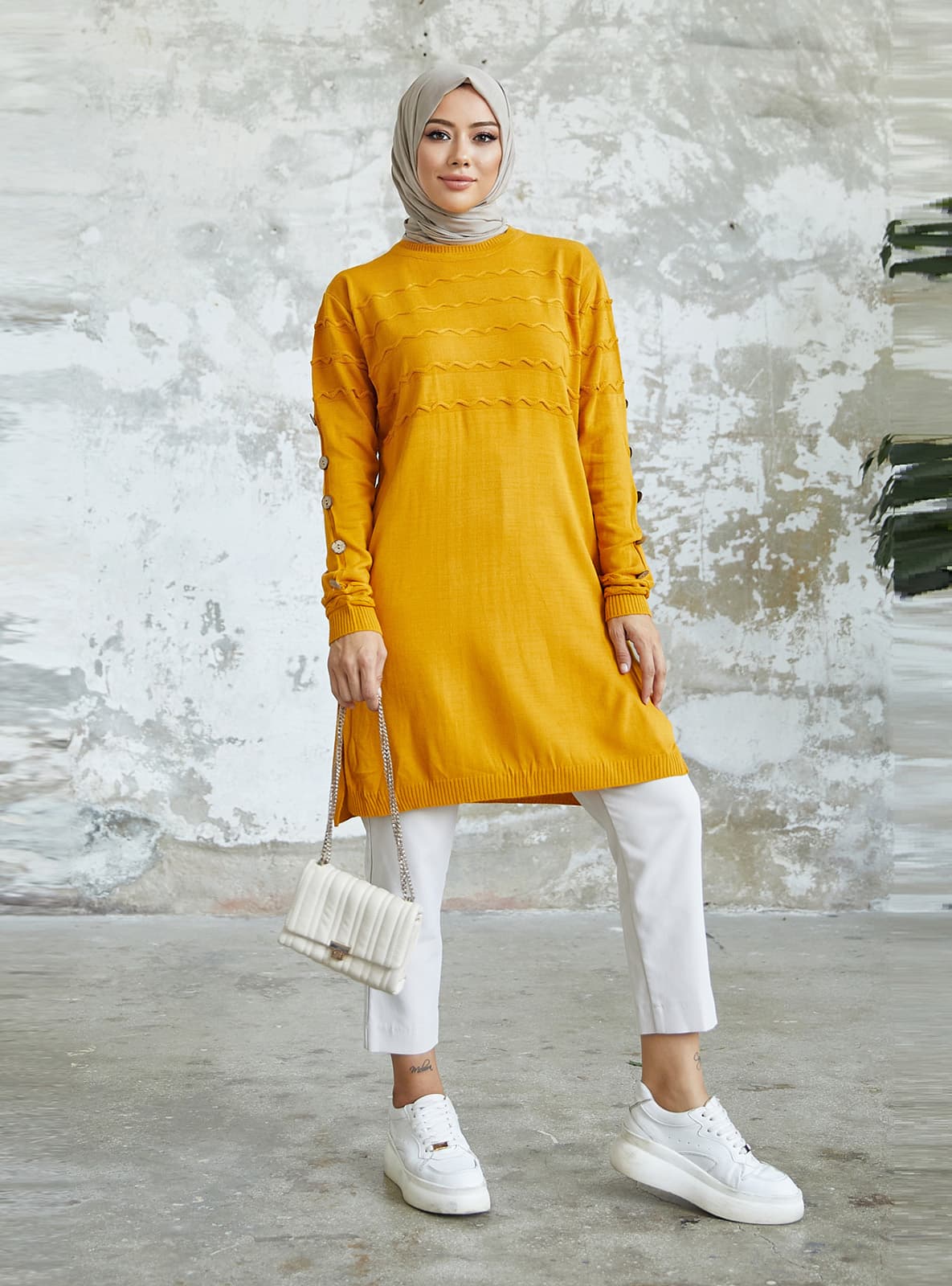 Gofreli Triko Tunik Hardal
