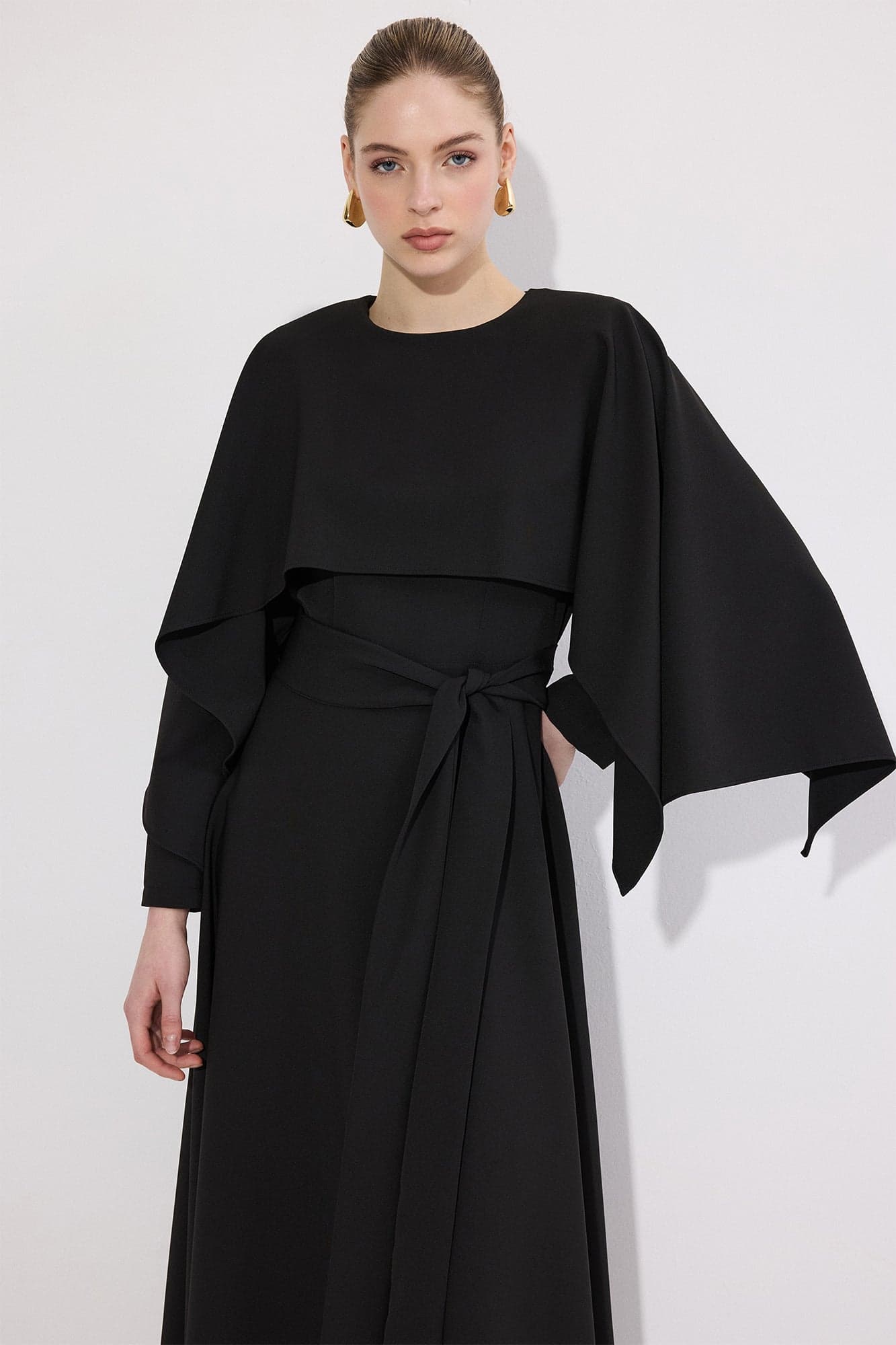 BELTED CAPE DRESS