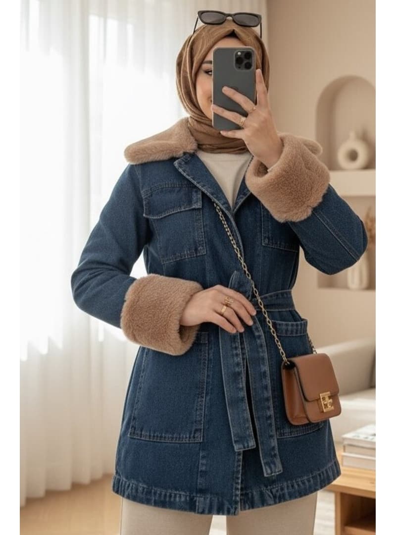 Kürklü Bağcıklı Kot Ceket