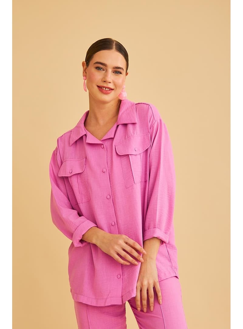 Cepli ve Nervürlü Keten Görünümlü Pembe Gömlek Pantolon Takım Pembe