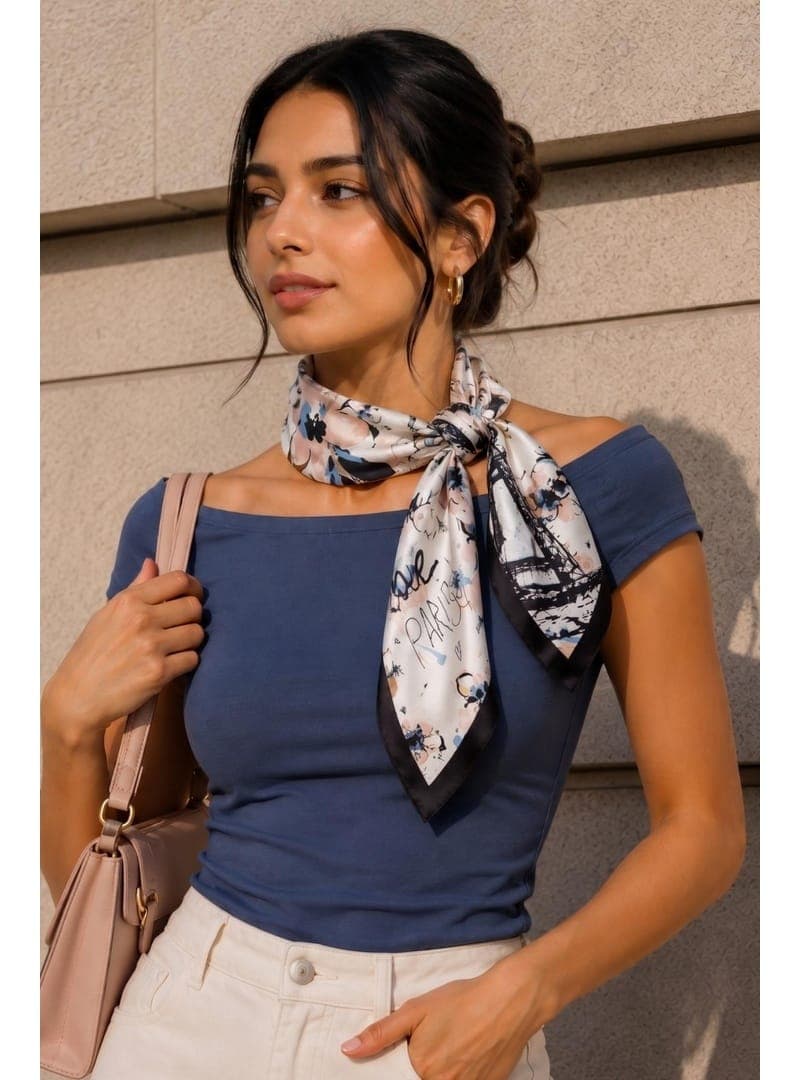 Eyfel Çiçek Desen Krem Siyah Soft Bandana Fular 50x50 cm