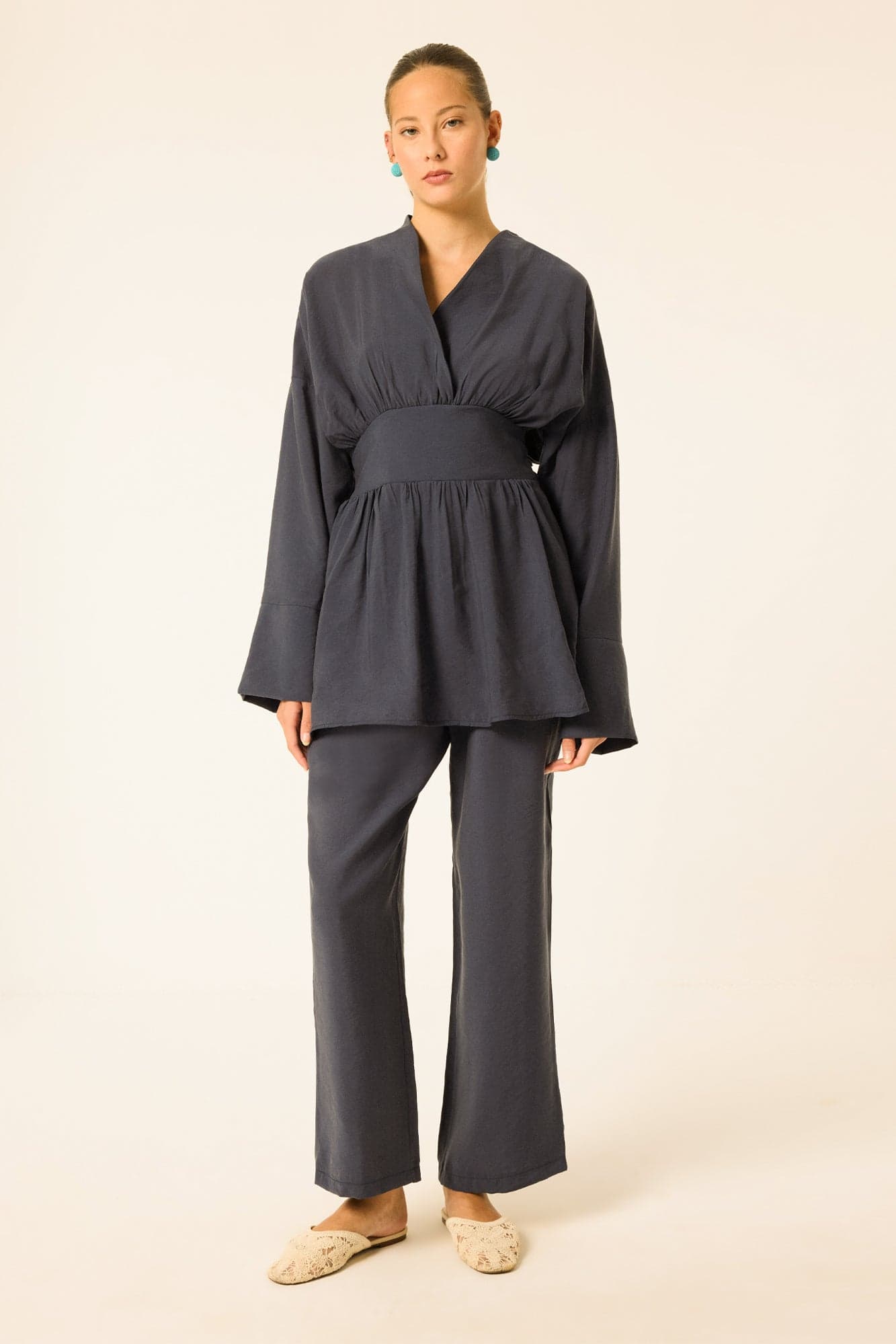 PEPLUM TUNIC AND ELASTIC-WAIST TROUSERS SET
