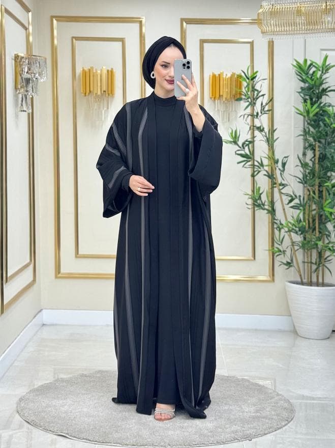 Narin Kendinden Çizgili Abaya Siyah