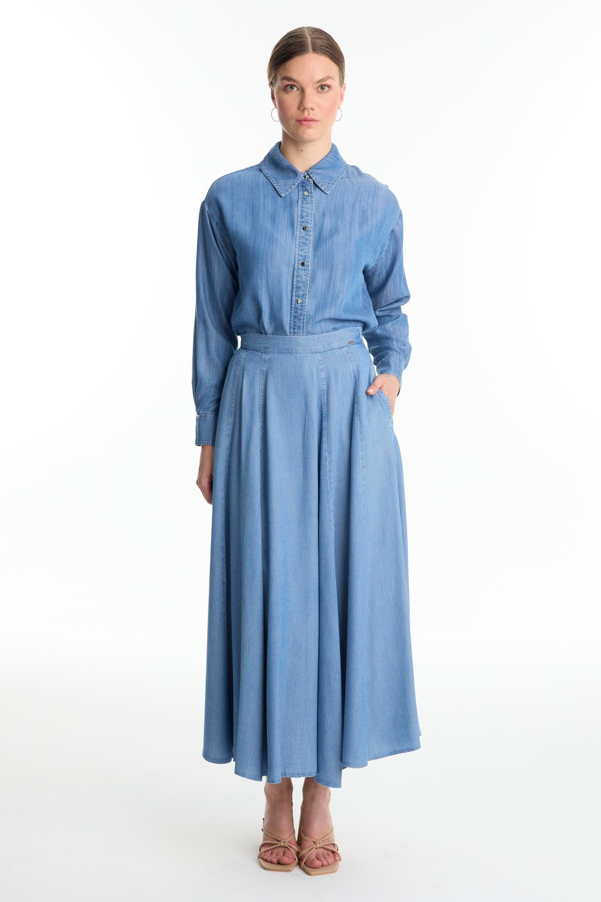Yüksek Bel Cepli Denim Mavi Etek 0144