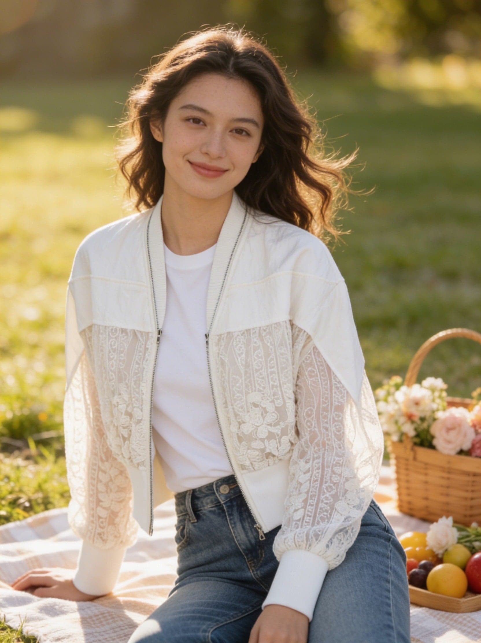 Fermuarlı Güpür Ceket Krem