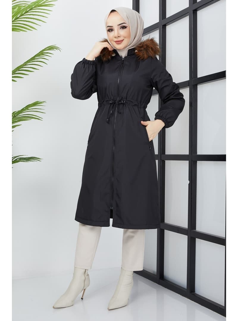 Beli Bağcıklı Peluş Astarlı Mont