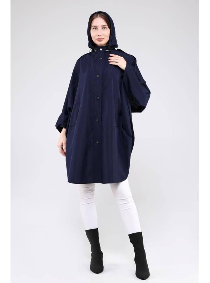 Oversize Kapüşonlu Panço Lacivert