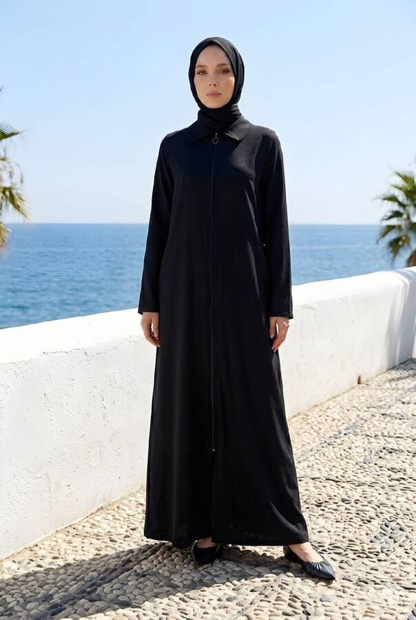 6568-Denim Fermuarlı Ferace Siyah