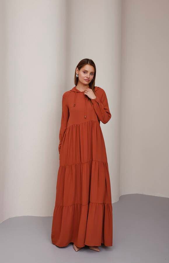 6531-Krep Kapşonlu Reglan Kollu Elbise Taba