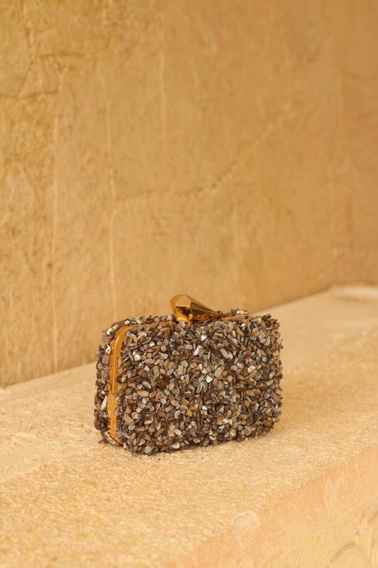 Brightness Taşlı Clutch Çanta Tozlu Kahve