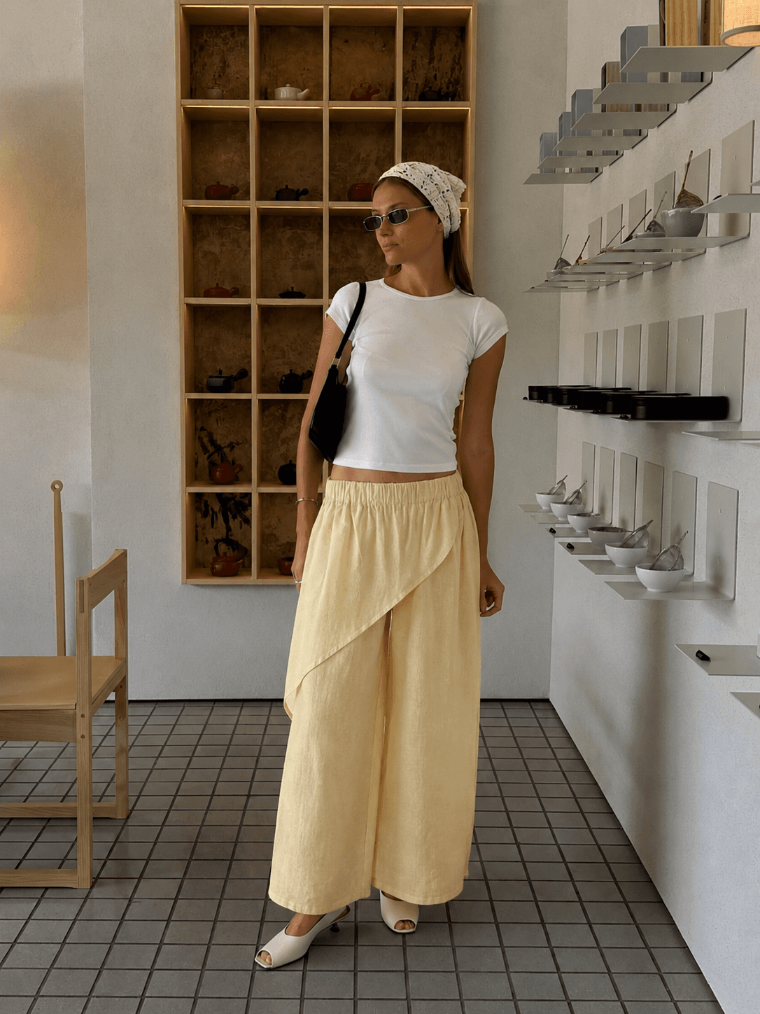 Asimetrik Katlı Keten Pantolon Sarı-RS265871
