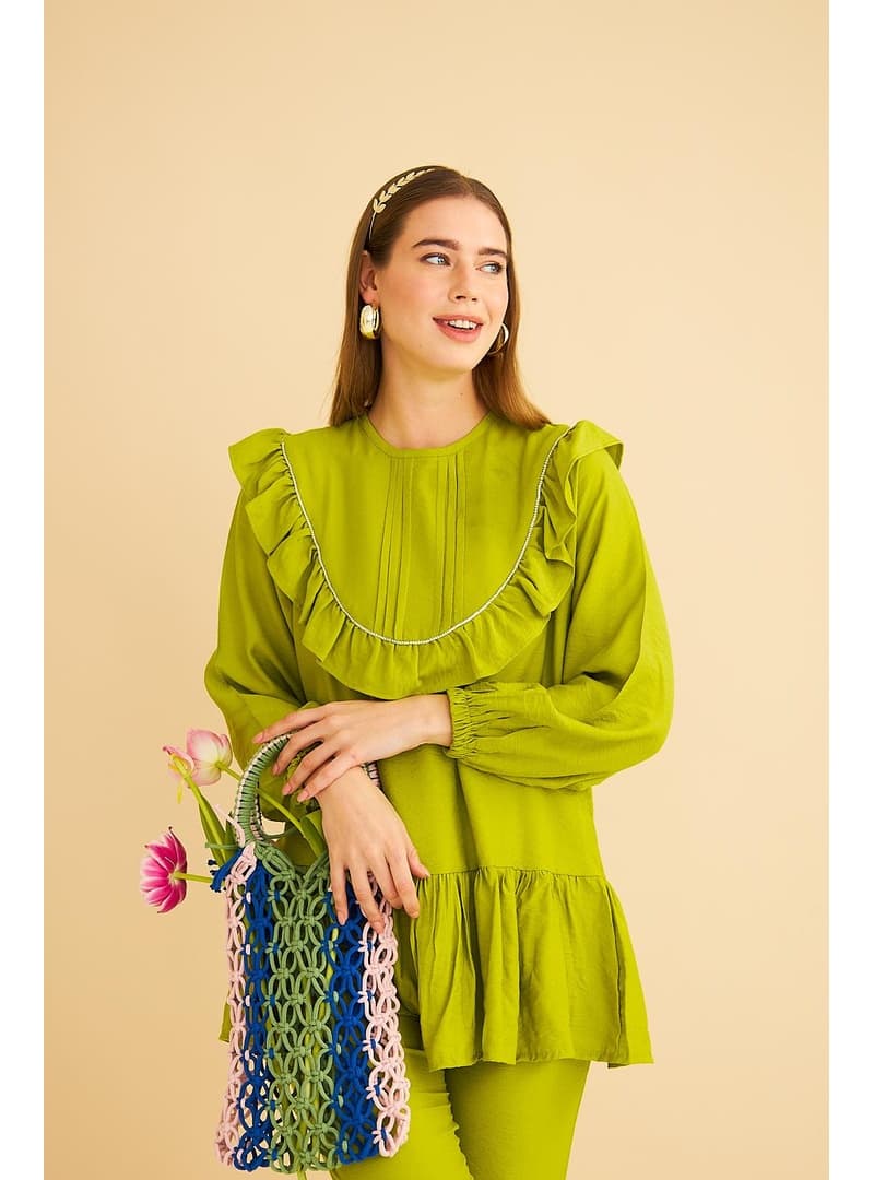 Luxe Fırfırlı ve Taşlı Keten Görünümlü Olive Tunik Pantolon Takım Yağ Yeşil