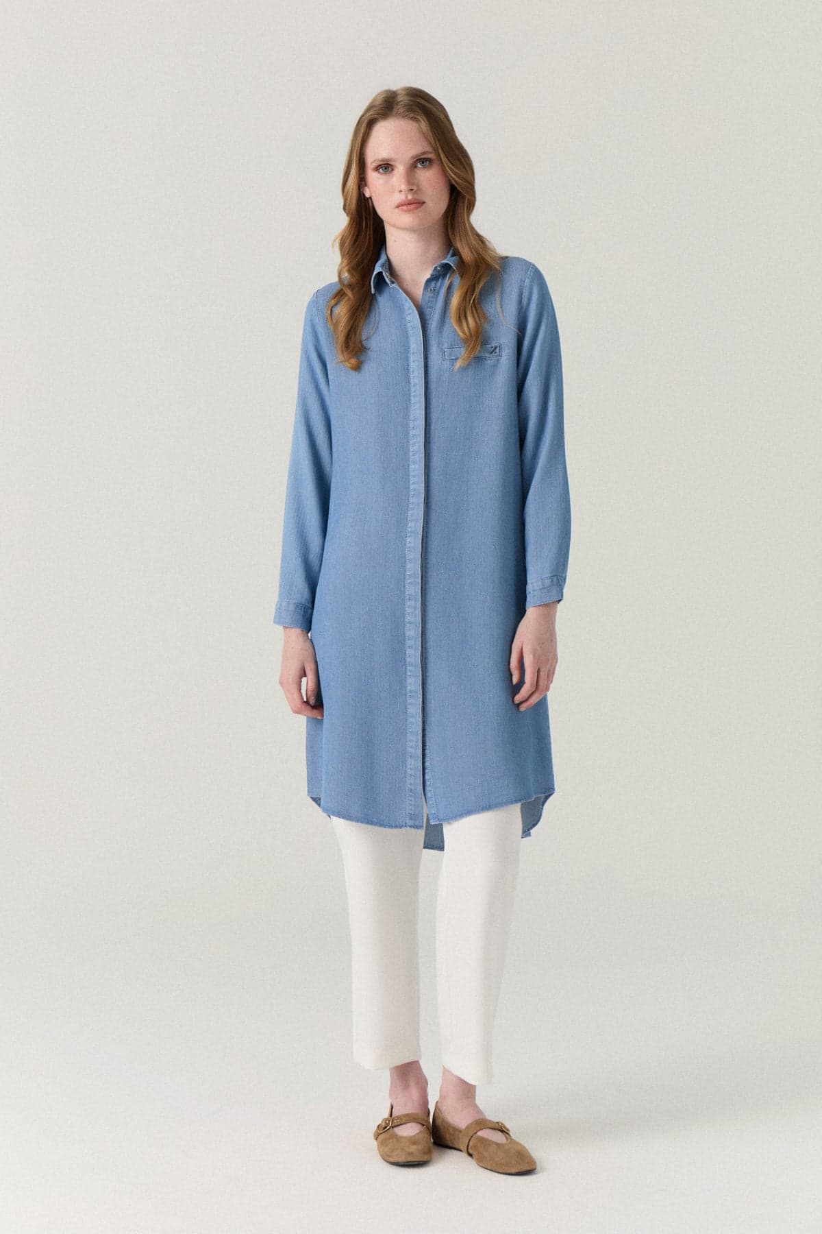 Gizli Düğme Detaylı Denim Mavi Tunik 0767