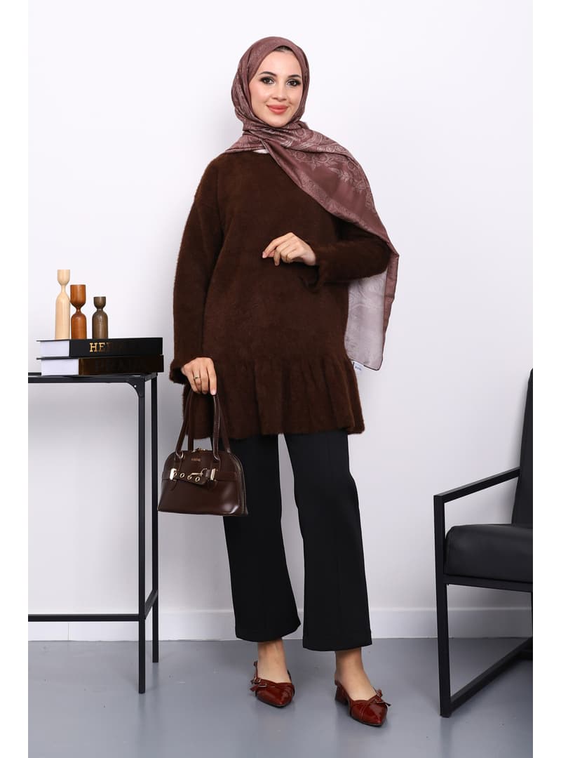 Volanlı Angora Triko Tunik Kahverengi