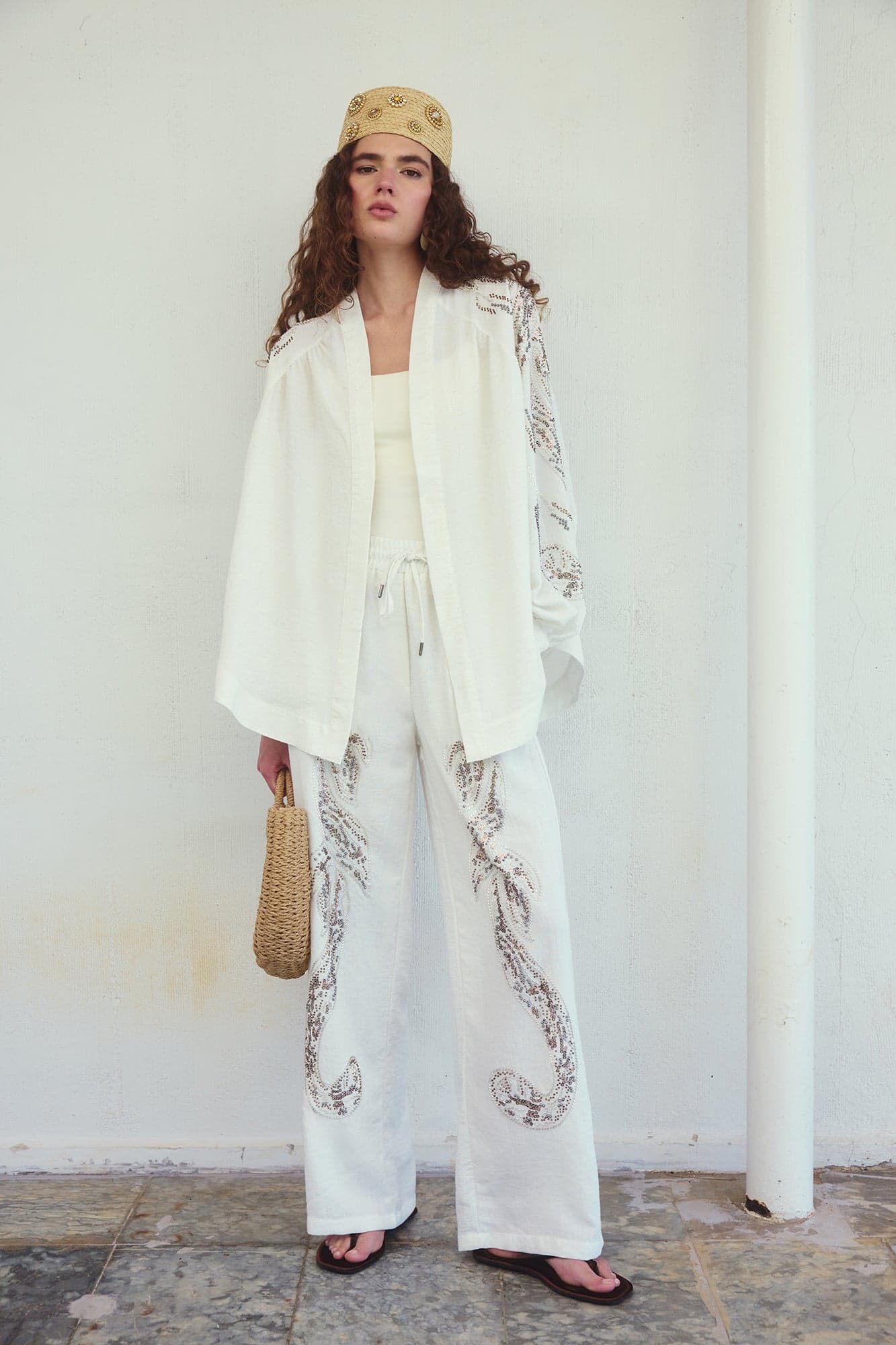 100% LINEN STONE-EMBELLISHED TROUSERS