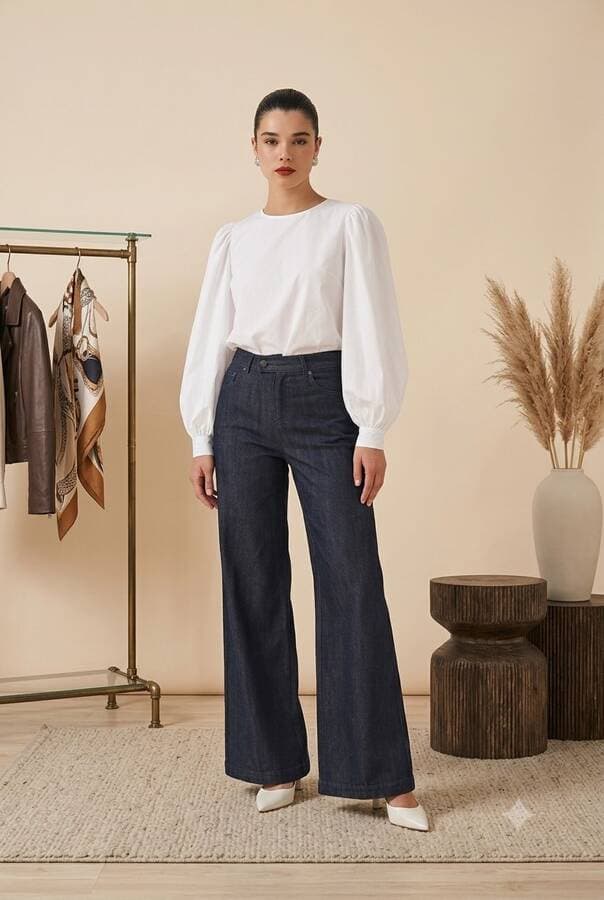 1067-Denim Bol Paça Pantolon Füme