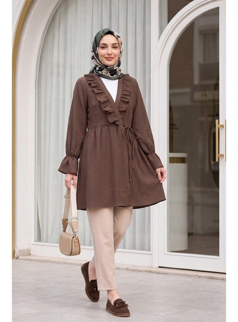 Fırfırlı Bağlamalı Krinkıl Kimono Kahve