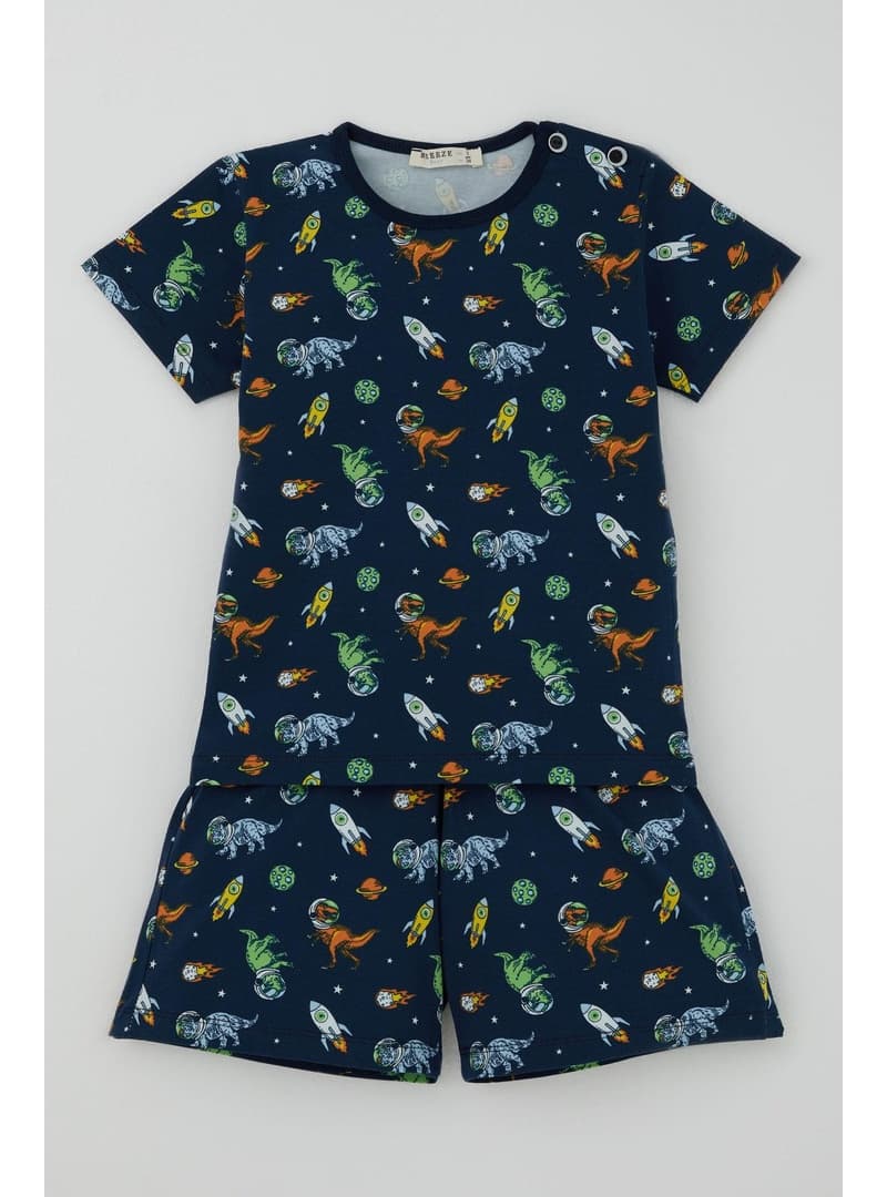 Breeze Erkek Bebek Şortlu Pijama Takımı Uzay Temalı Astronot Dinozor Desenli Lacivert