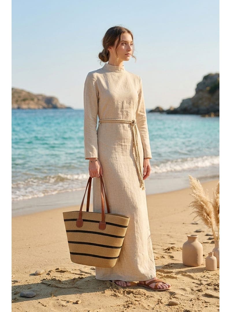 Camel Çizgili Hasır Çanta CNT2608