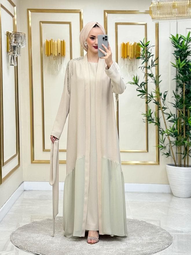 Lina Omuz Sacaklı Abaya Takım Bej