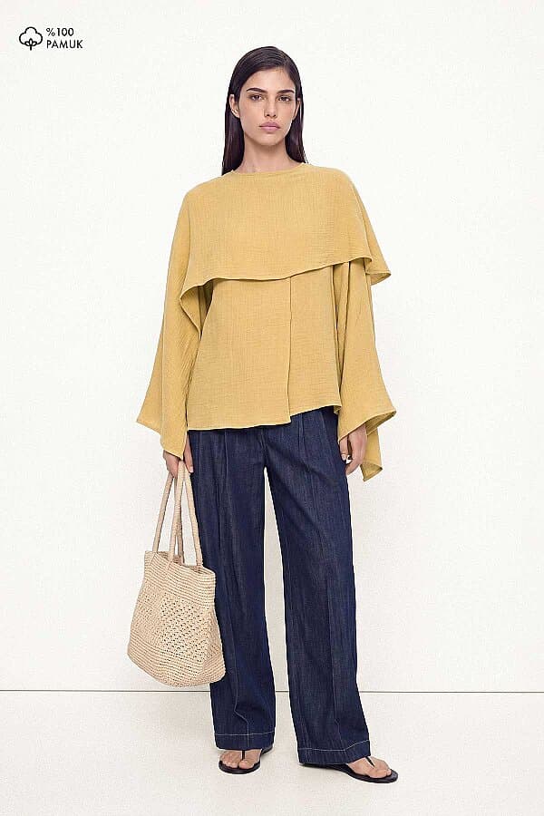 Pelerin Detaylı Soft Safran Tunik