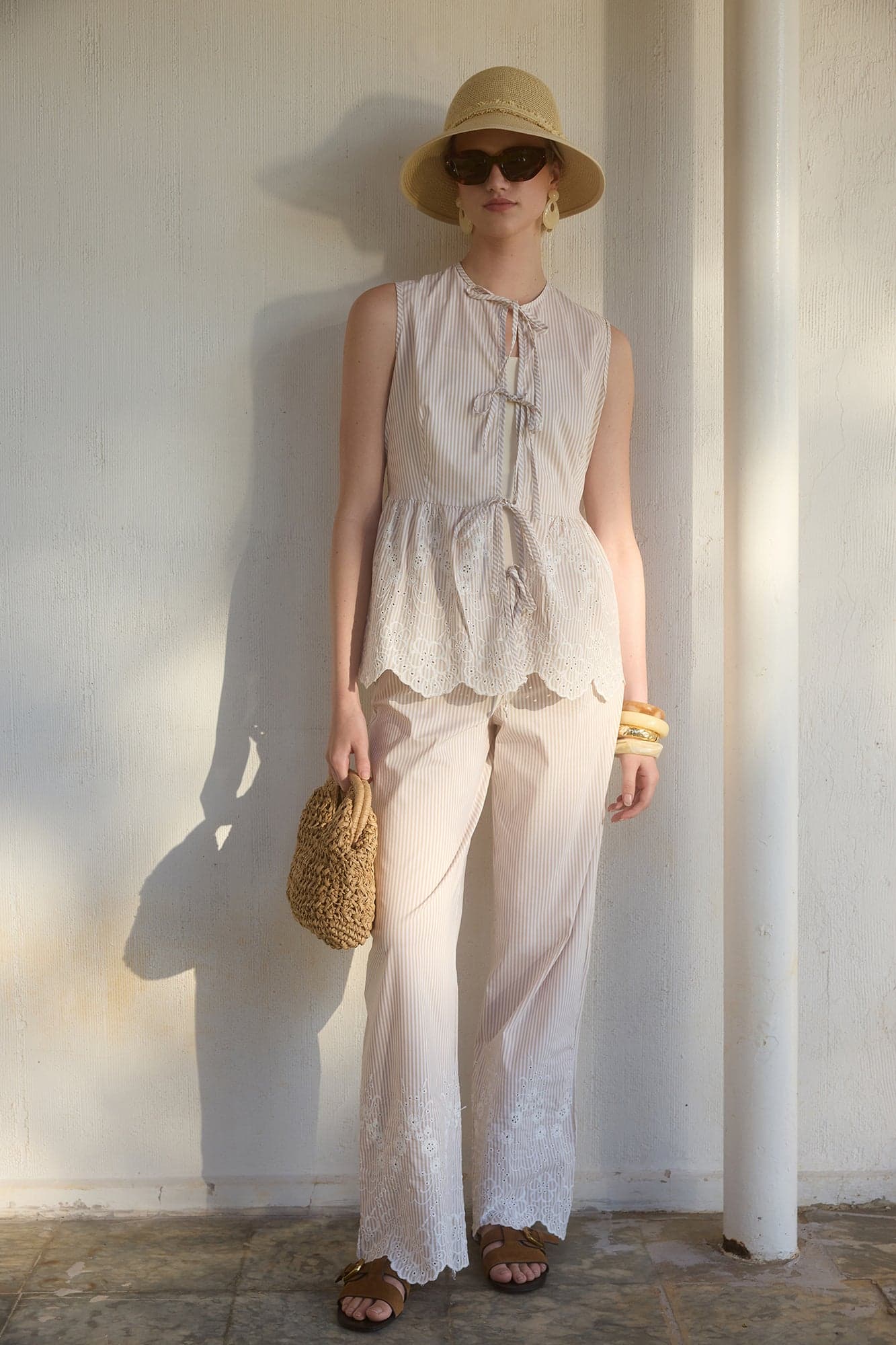 POPLIN PANTS WITH EMBROIDERED HEMS