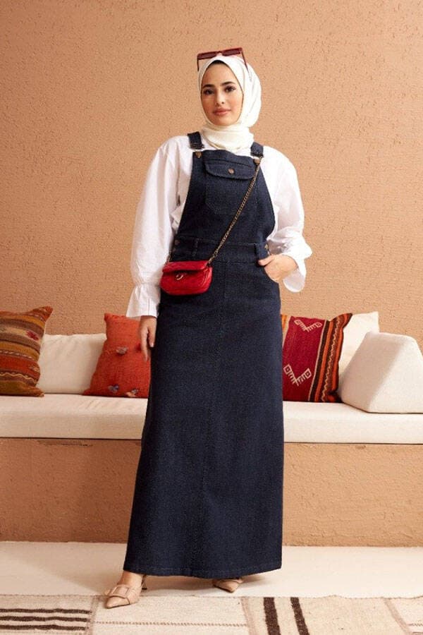 2261-Denim Salopet etek Füme