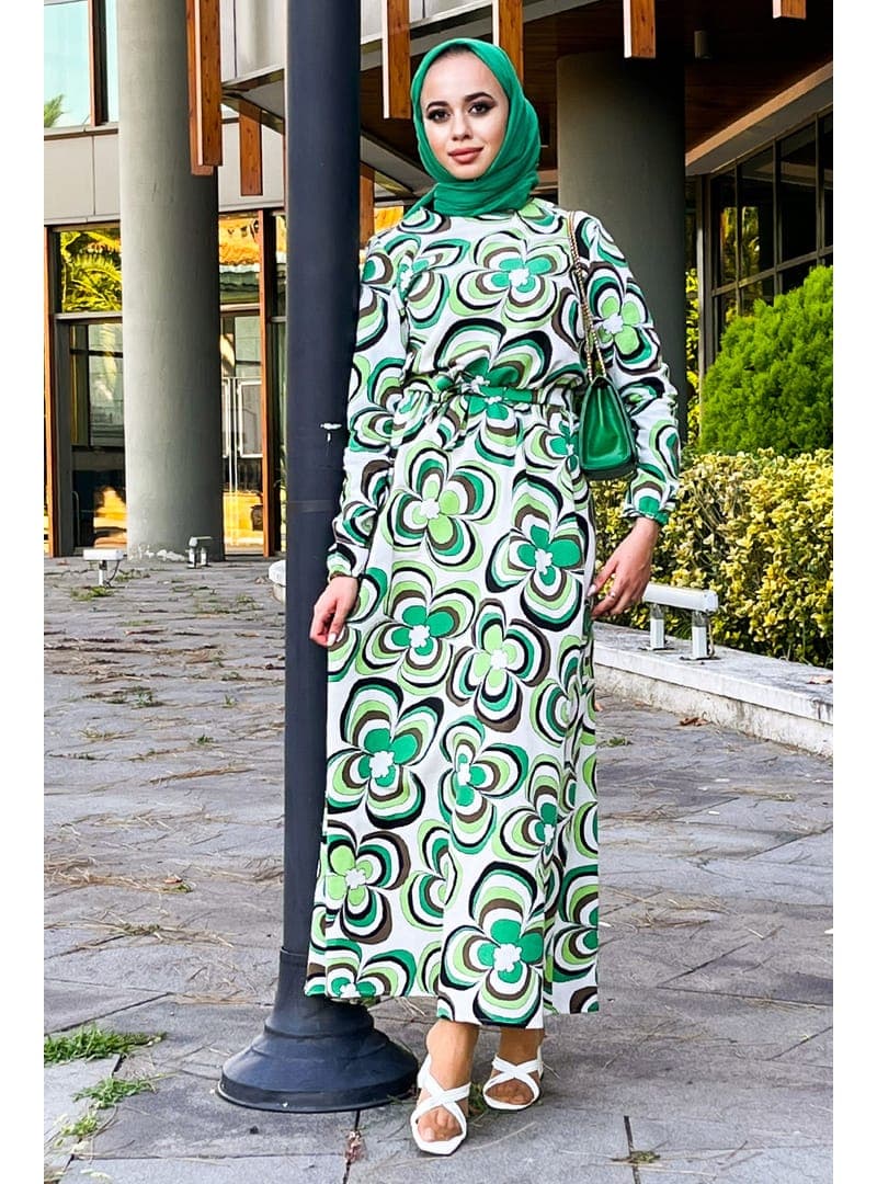 Manolya Desenli Keten Elbise Yeşil