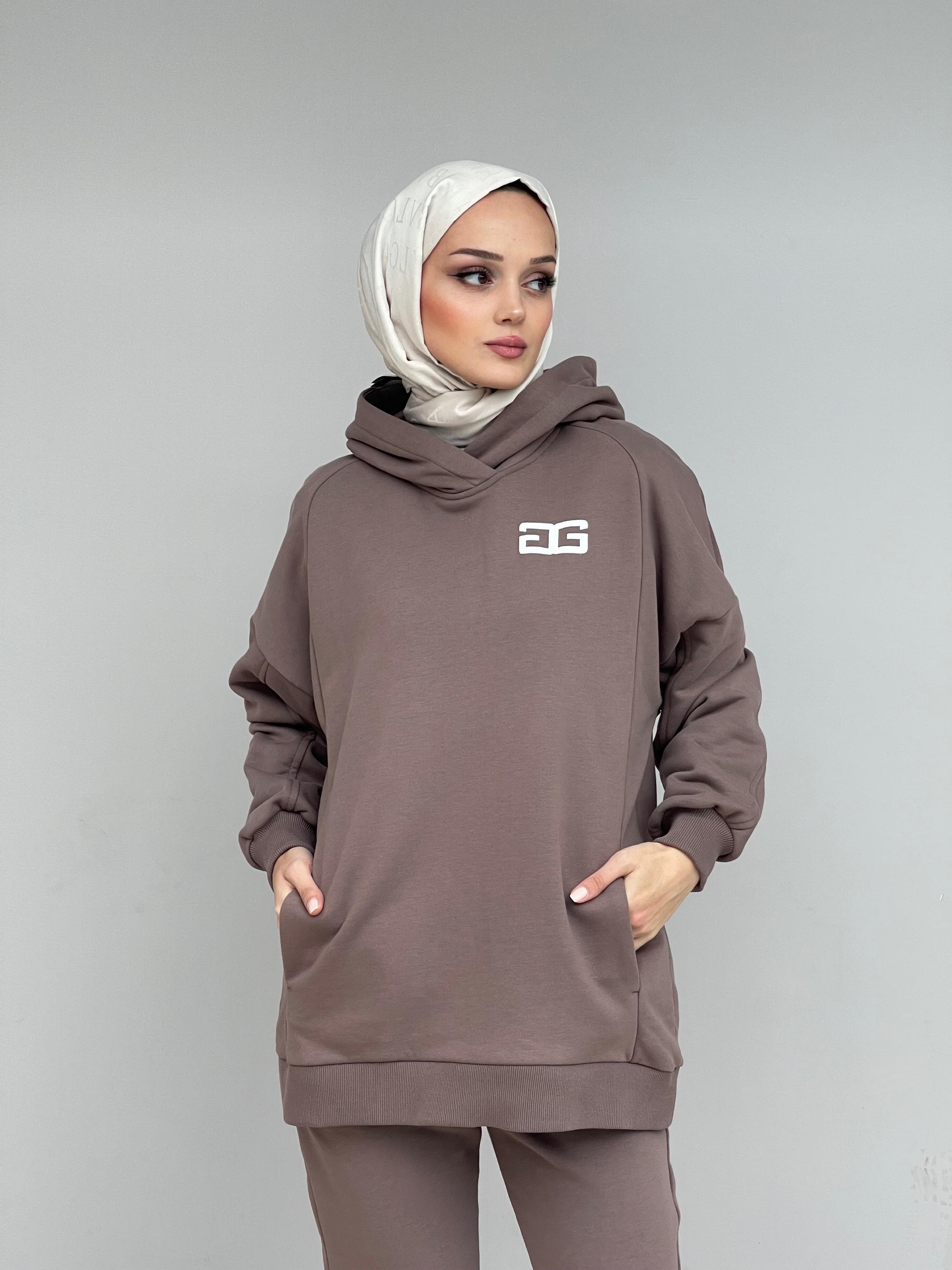 Kahverengi Kapüşonlu Kesik Detaylı Sweat