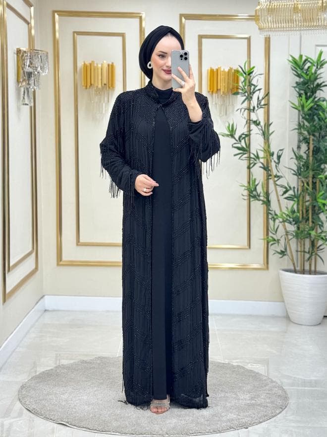 Işıltı Sacaklı İthal Abaya Siyah