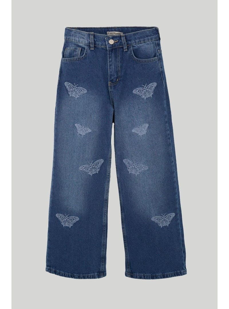 Kelebek Nakışlı Geniş Paça Jean Pantolon - Mavi